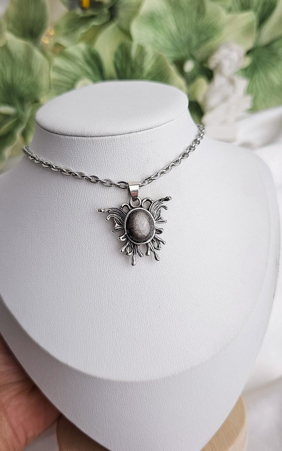 Necklace with Moth in Silver Obsidian