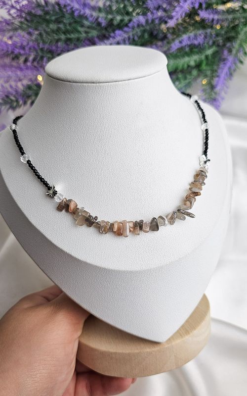 Necklace in Black Spinel with Black Moonstone