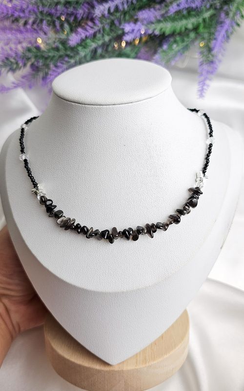 Necklace in Black Spinel with Silver Obsidian