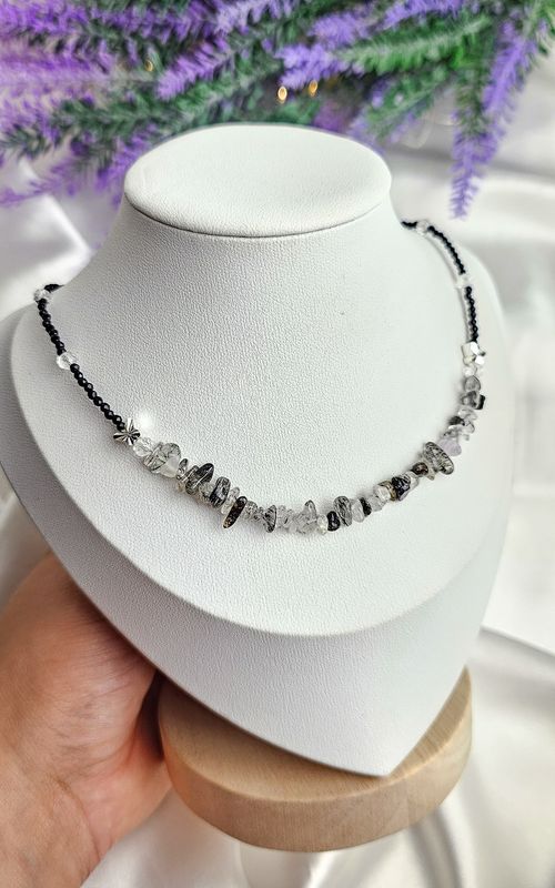 Necklace in Black Spinel with Tourmaline Quartz