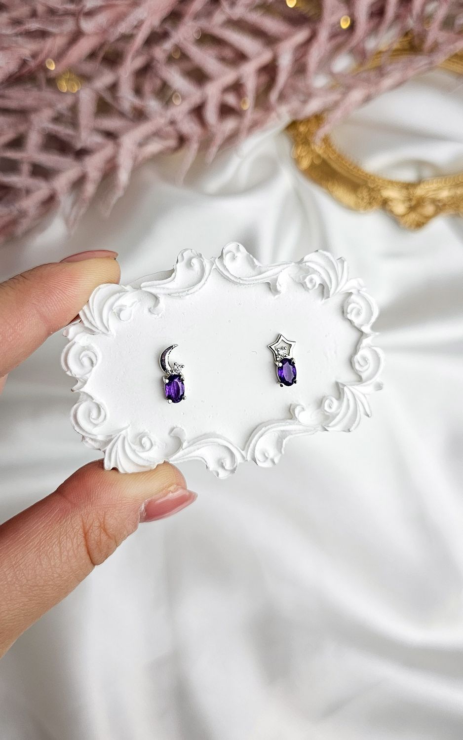 Earrings with Moon and Star in Amethyst (s925)