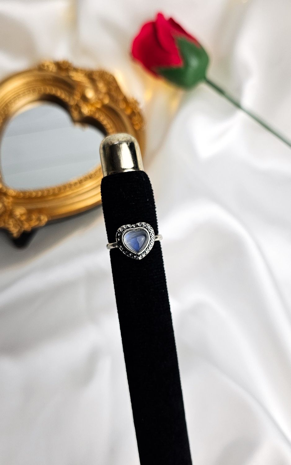 Adjustable Ring with Heart in Rainbow Moonstone (FROM SIZE 11)