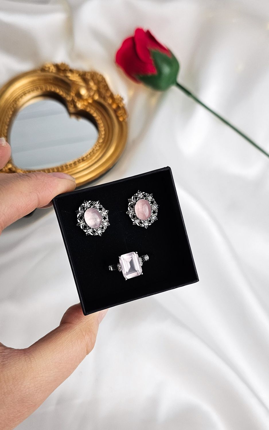 Set Adjustable Ring + Earrings (s925) in Rose Quartz