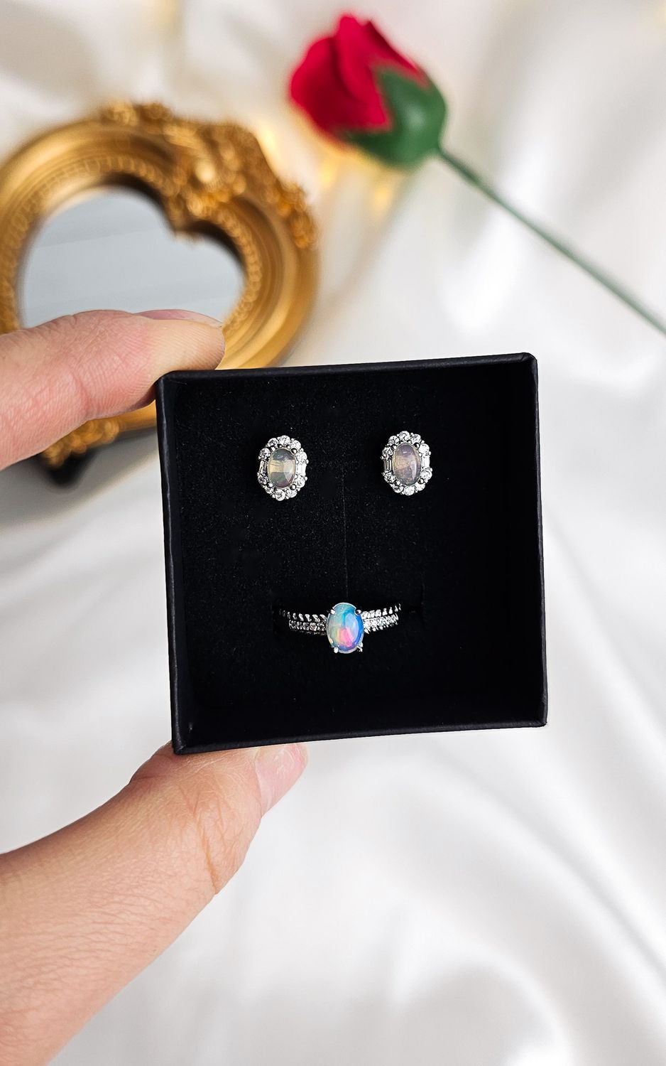 Set Adjustable Ring + Earrings (s925) in Opal