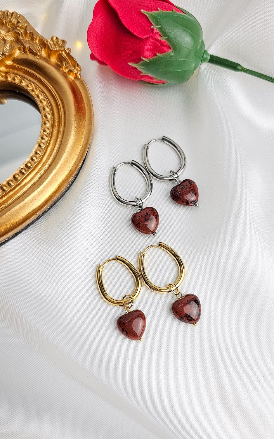 Hoop Earrings with Heart in Mahogany Obsidian