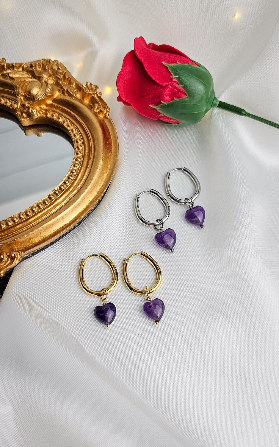Hoop Earrings with Heart in Amethyst