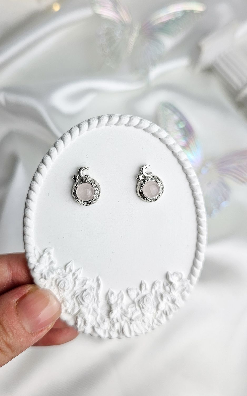 Earrings with Moon in Rose Quartz (s925)