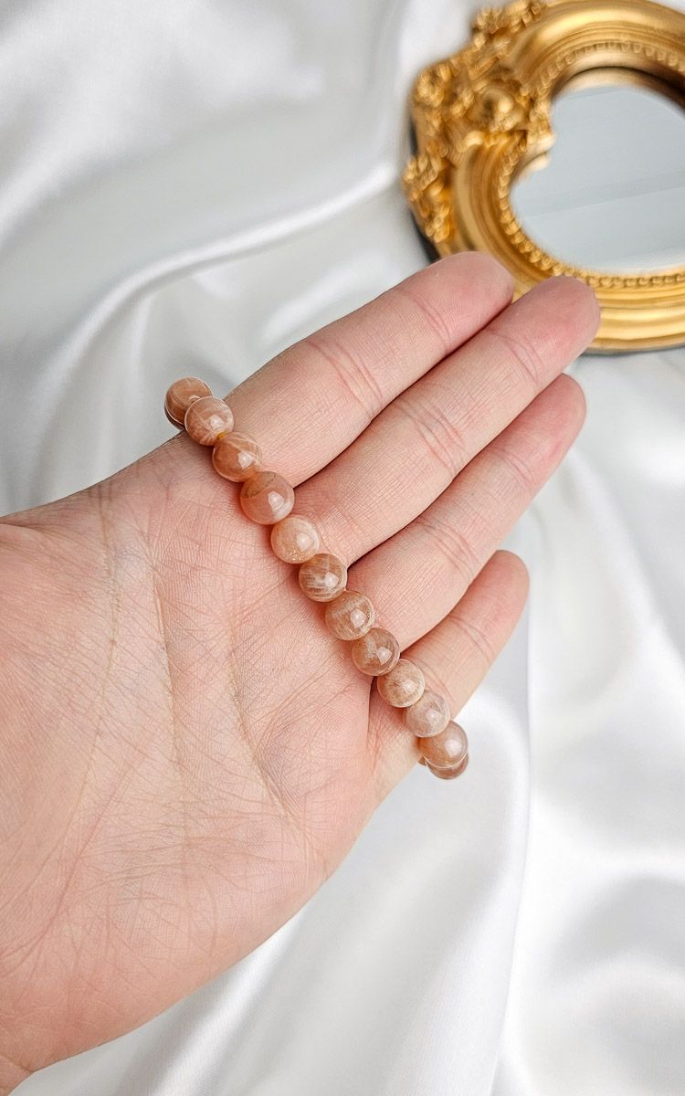 Elastic Bracelet in Peach Moonstone + Sunstone (10mm)
