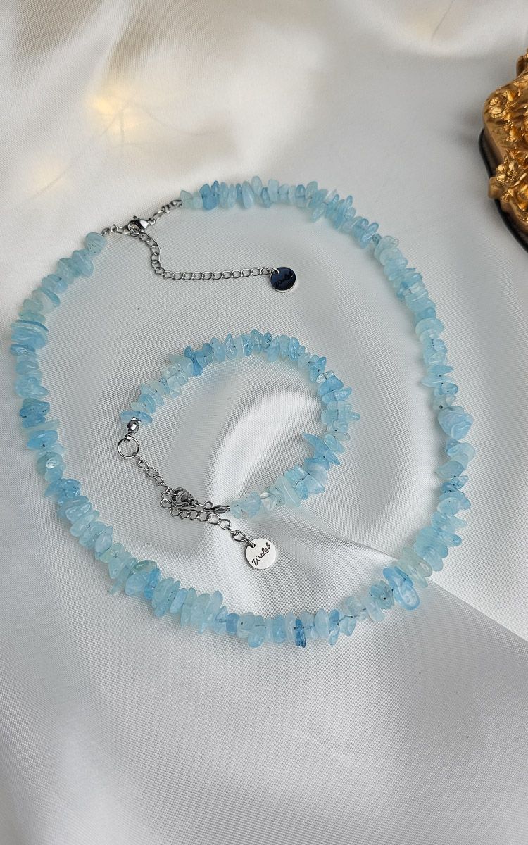 Set Necklace + Bracelet with Chips in Aquamarine (AA Quality)