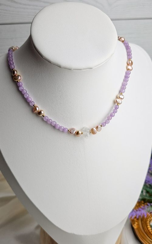 Necklace "EOS" with Lavander Amethyst + Pearls + Clear Quartz