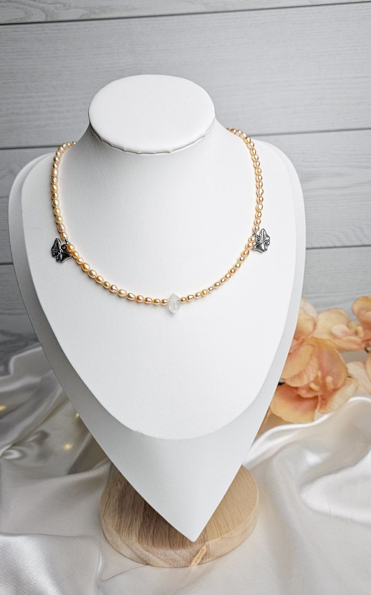 Necklace "LIBERTY" with Rose Pearls + Clear Quartz