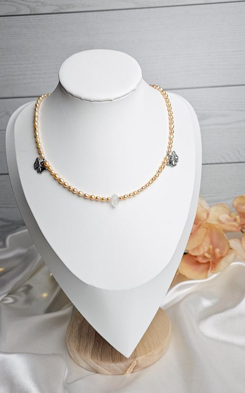 Necklace "LIBERTY" with Rose Pearls + Clear Quartz