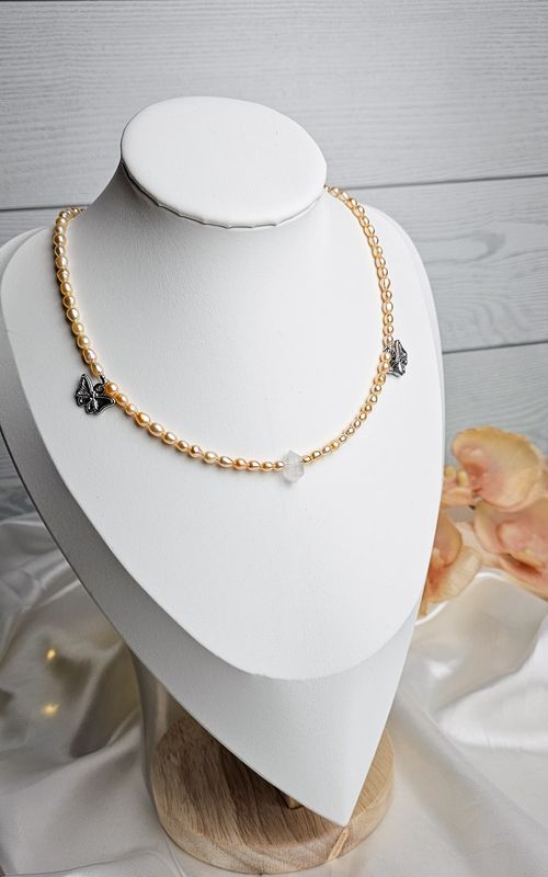 Necklace "LIBERTY" with Rose Pearls + Clear Quartz