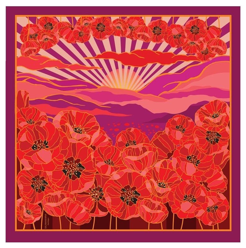 Shamakhi Fields in Red Silk chiffon 108x108 cm