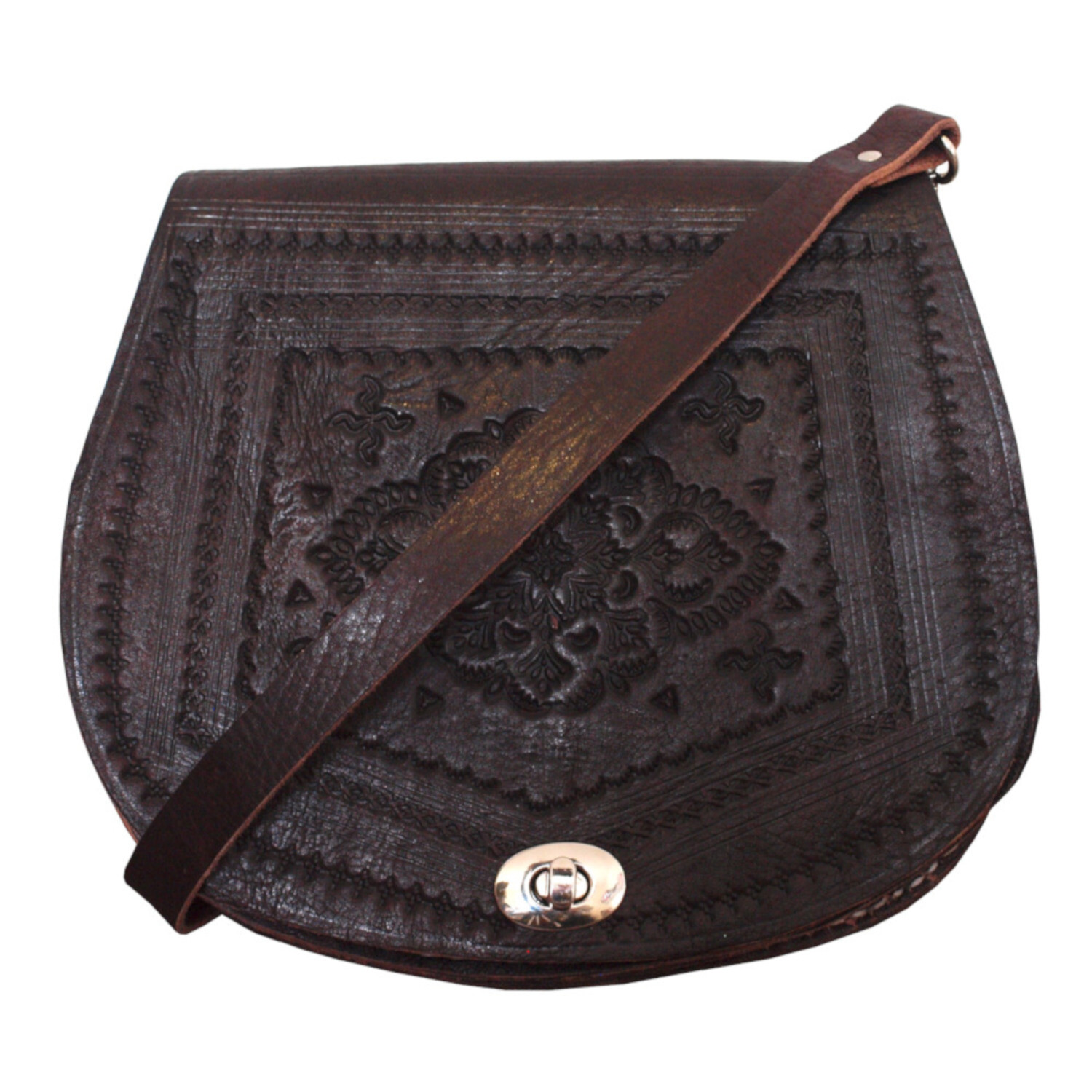 Moroccan Embossed Saddlebag Dark Brown