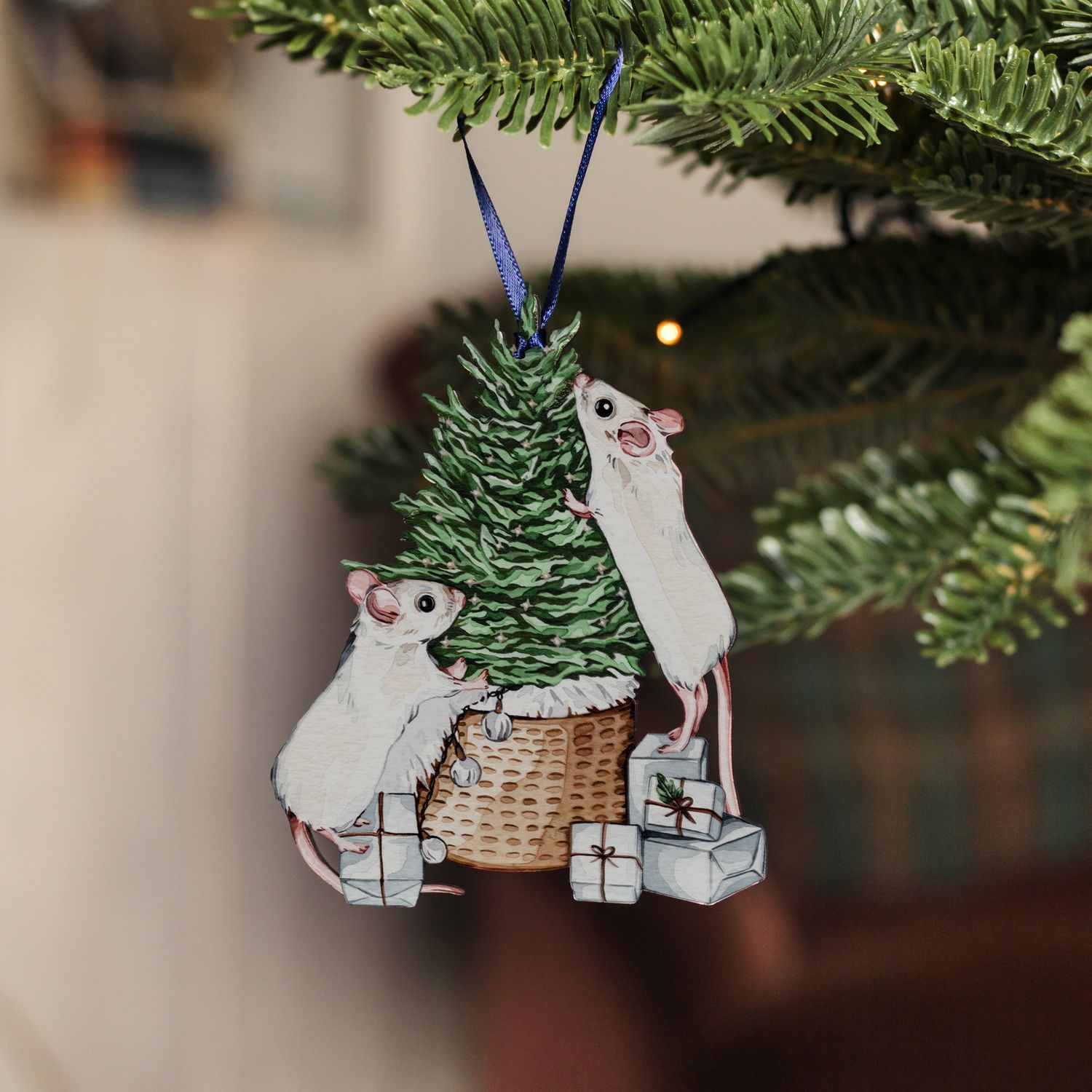 Wooden Festive Mice Ornament