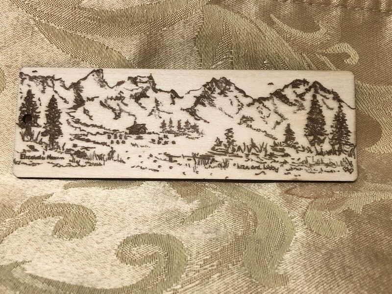 Mountains, chalet, vista, meadows, pine trees wooden bookmark laser FREE SHIPPING