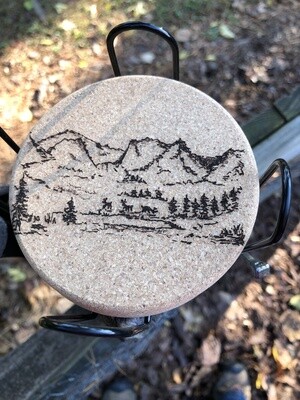 Thick Cork Coaster Set With Stand: 8 (2 each of 4 scenes). Designed and laser engraved by us