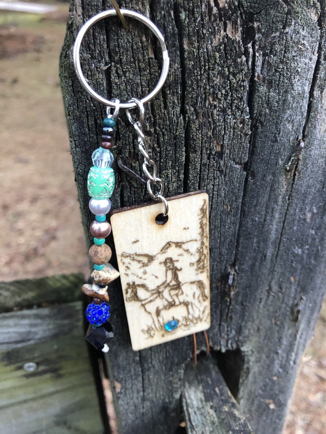 "A Cowgirl and Her Horse" light blue bling keyring backpack or saddle tag