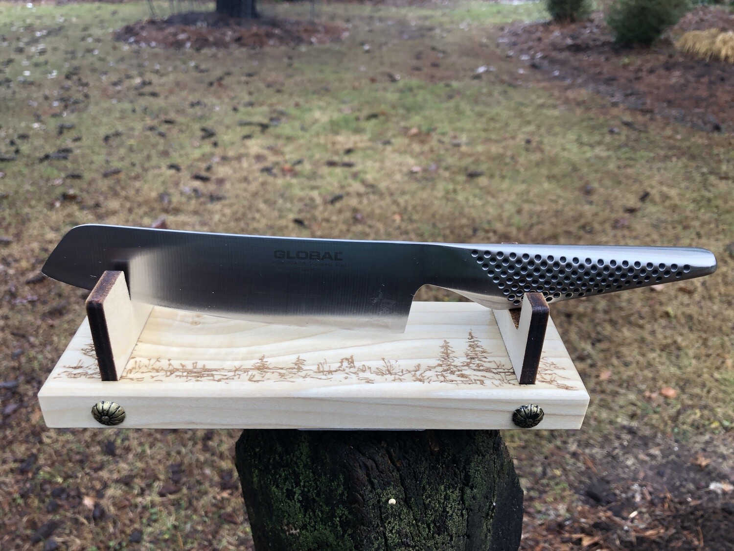 Knife holder for collectibles 8"OD 6" ID: Designed and laser engraved by us: pines, field, woods, brass decoration. FREE SHIPPING