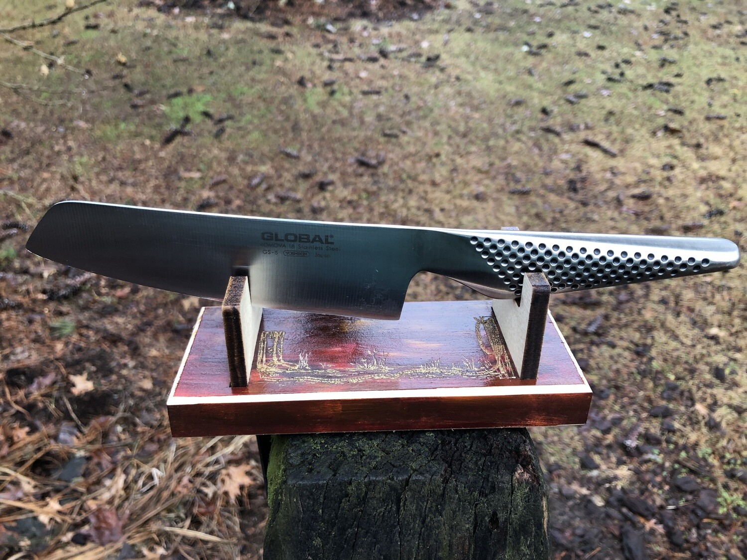 Knife holder for collectibles 6"OD 4" ID: Designed and laser engraved by us: painted, cowboy boots, lariat, brass decoration, Old World look. FREE SHIPPING