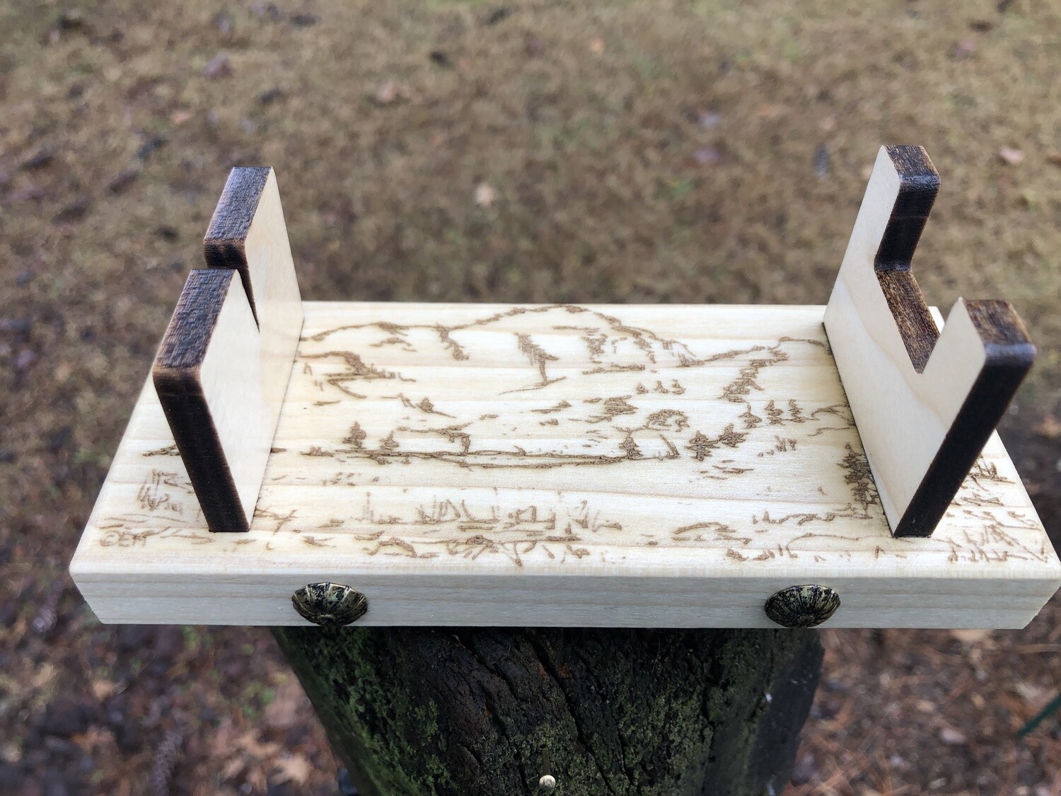 Knife holder for collectibles 6"OD 4" ID: Designed and laser engraved by us: mountain scene with wide open vista, brass decoration. FREE SHIPPING