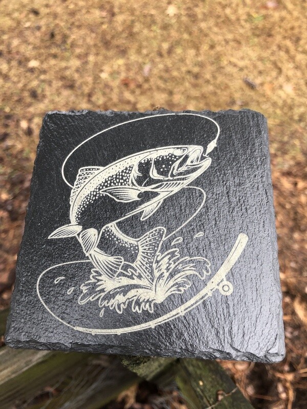 Slate Coaster Square: Trout On A Line: Four Plus Holder FREE SHIPPING