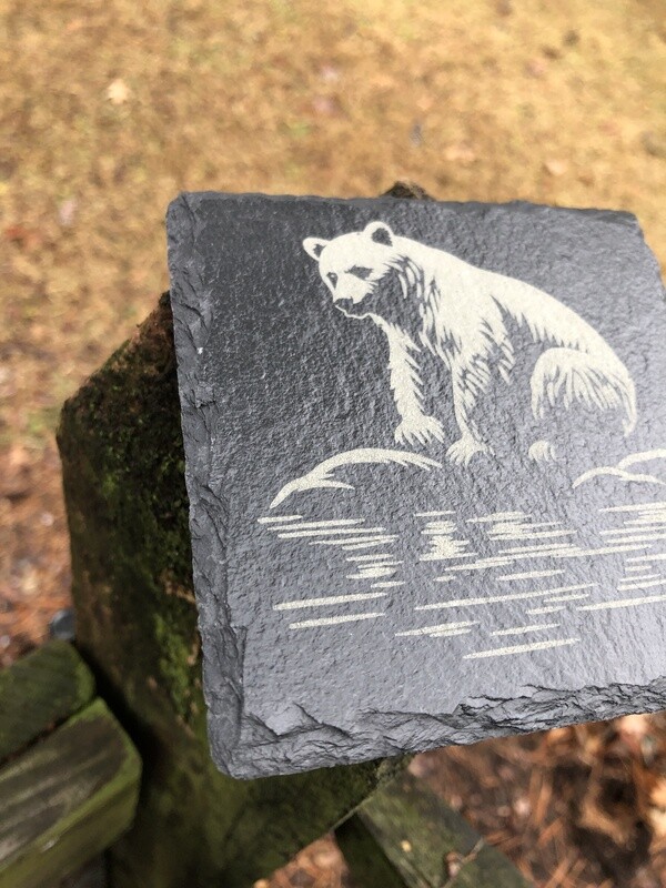 Slate Coaster ROUND: Fishing Bear: Four Plus Holder FREE SHIPPING