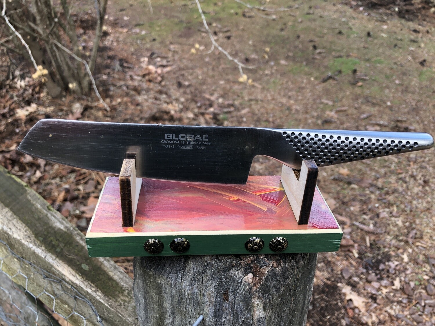 Knife holder for collectibles 6"OD 4" ID: Designed and laser engraved by us: painted res and yellows, brass decoration, Old World look. FREE SHIPPING