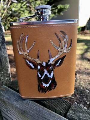 Hand Painted Deer, LEATHER, Paint and Stainless Steel 8oz
