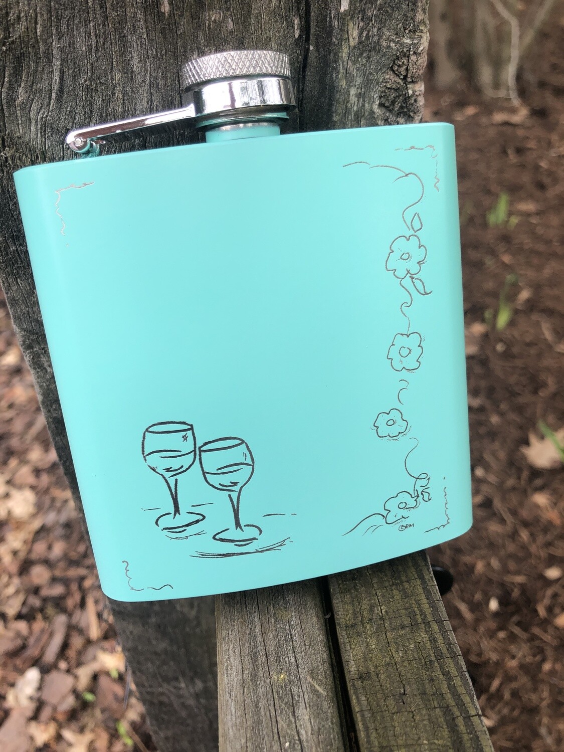 6 oz Two Wine Glasses Lower Left Flask Powder Coated Stainless Steel Sea Foam Green