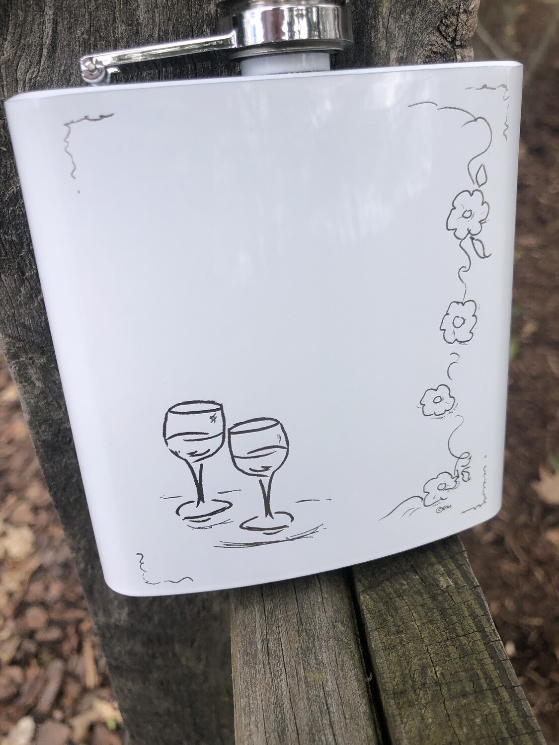 6 oz Two Wine Glasses Lower Left Flask Powder Coated Stainless Steel White