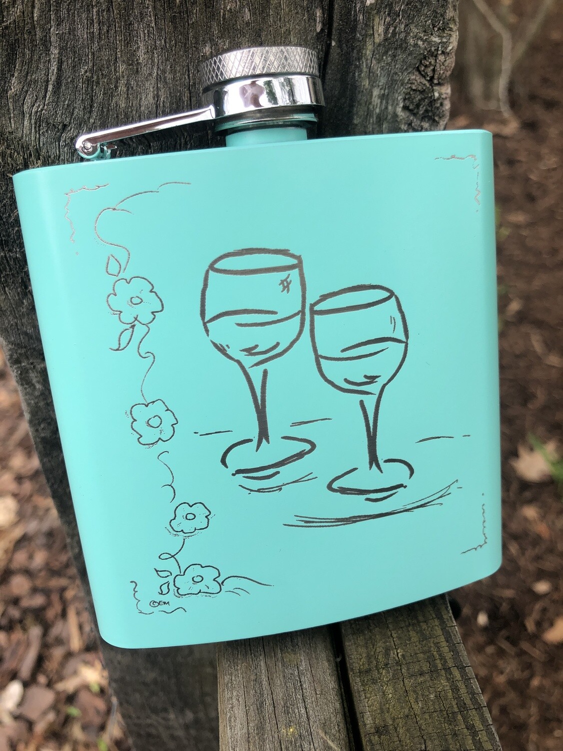 6 oz Two Wine Glasses Center Flask Powder Coated Stainless Steel Sea Foam Green