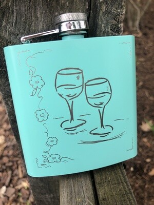 6 oz Two Wine Glasses Center Flask Powder Coated Stainless Steel Sea Foam Green