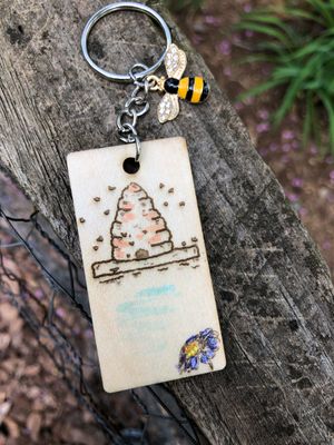 Bee Hive Skep with Flower and Bee Charm keyring backpack or saddle tag