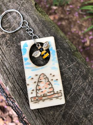 Bee Hive Skep with Dangling Bee Charm keyring backpack or saddle tag
