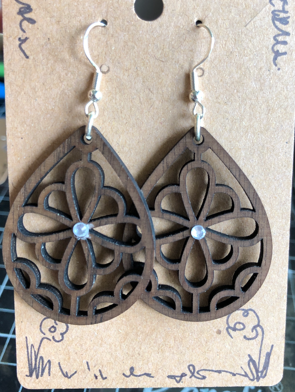 Handmade Walnut Earrings Clear Bling Decorated FREE SHIPPING laser embellished