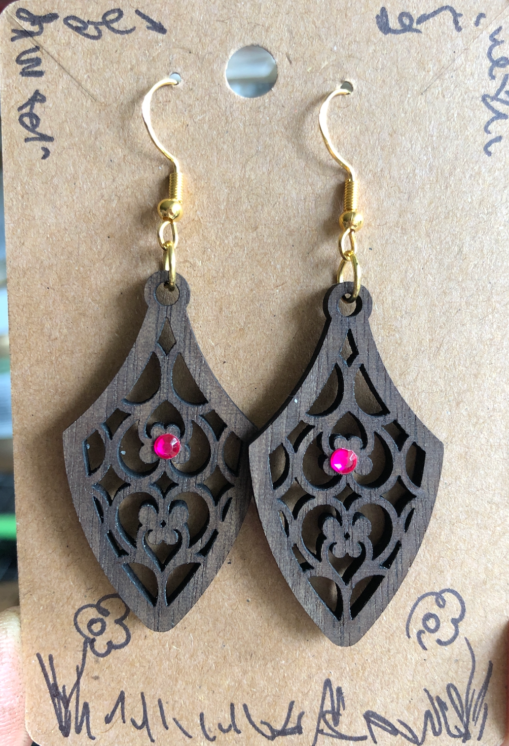 Handmade Walnut Earrings Red Bling Tudor Style Decorated FREE SHIPPING laser embellished