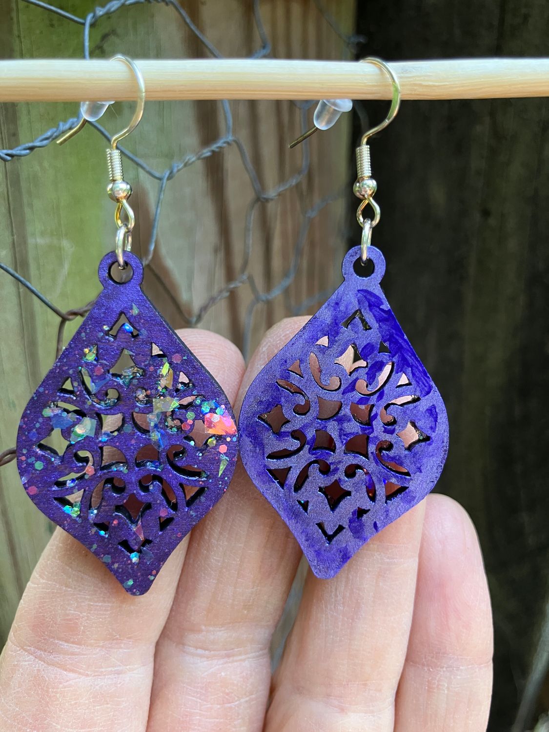 Handmade Painted Confetti Glitter Blue Metallic Blue Cherry Earrings Decorated FREE SHIPPING laser embellished