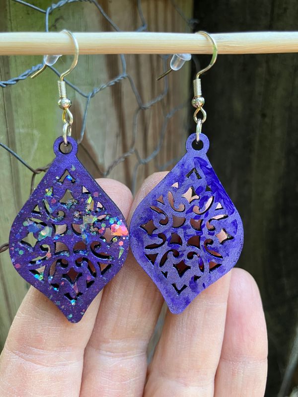 Handmade Painted Confetti Glitter Blue Metallic Blue Cherry Earrings Decorated FREE SHIPPING laser embellished