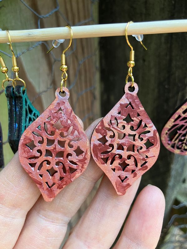 Handmade Painted Burgundy Rose Gold Metallic Gold Cherry Earrings Decorated FREE SHIPPING laser embellished