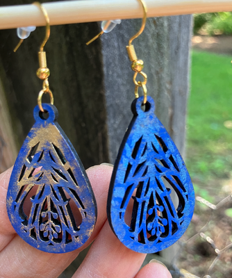 Handmade Painted Blue Metallic Gold Metallic Blue Cherry Earrings Decorated FREE SHIPPING laser embellished