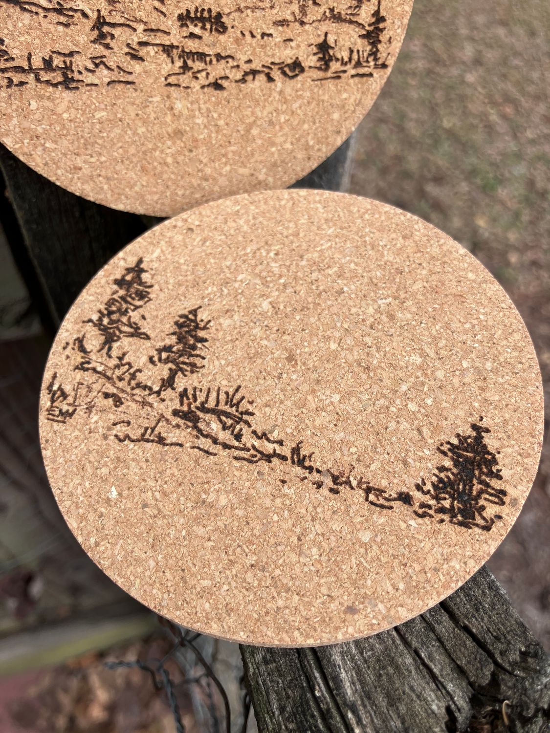 Set of Two Mountain and Woods Vista Coasters with designs from the trilogy. Designed and laser engraved by us