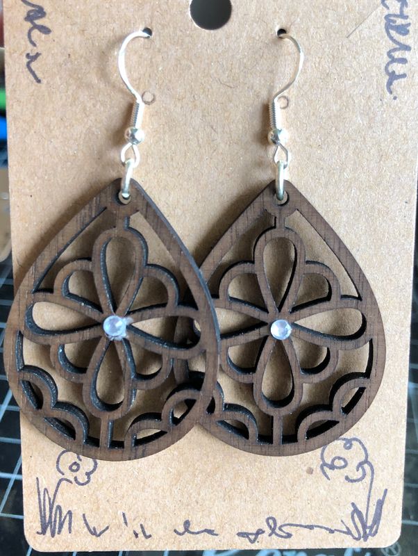 Handmade Walnut Earrings Clear Bling Decorated FREE SHIPPING laser embellished