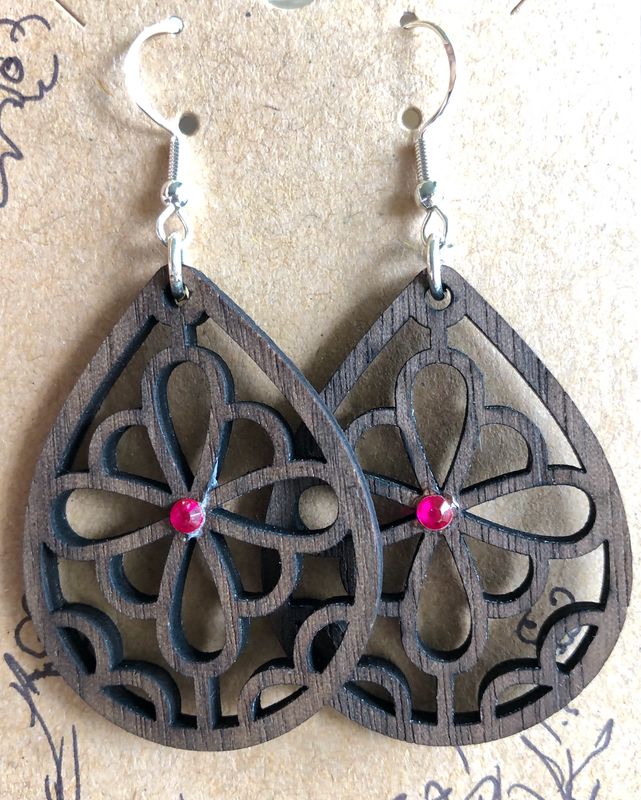 Handmade Walnut Earrings Red Bling Flower Style Decorated FREE SHIPPING laser embellished