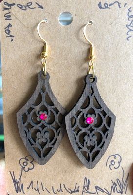Handmade Walnut Earrings Red Bling Tudor Style Decorated FREE SHIPPING laser embellished Handmade Walnut Earrings Red Bling Tudor Style Decorated FREE SHIPPING laser embellished