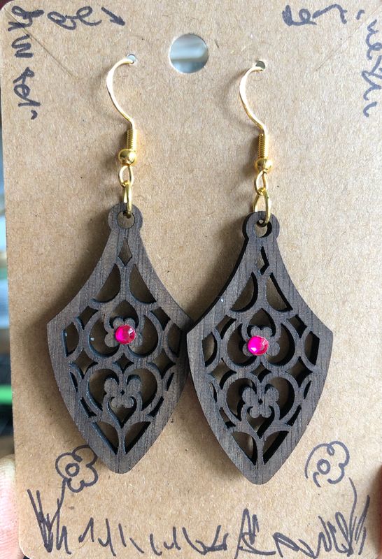 Handmade Walnut Earrings Red Bling Tudor Style Decorated FREE SHIPPING laser embellished