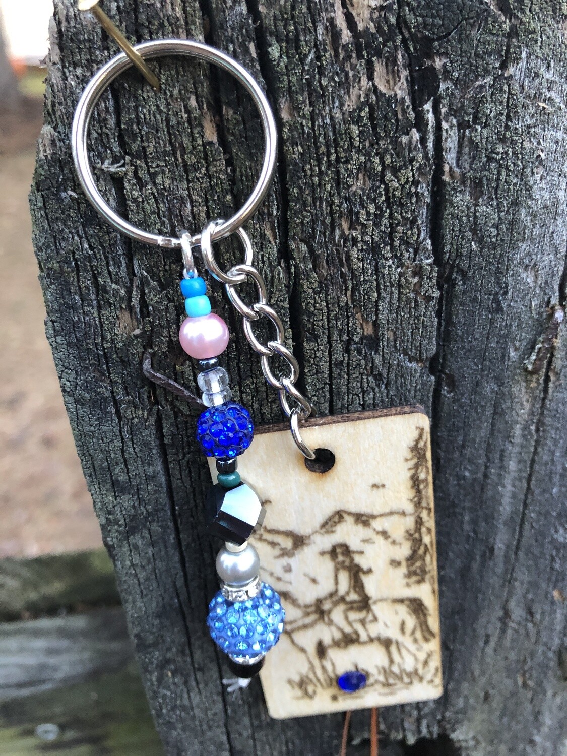 "A Cowgirl and Her Horse" dark blue bling keyring backpack or saddle tag