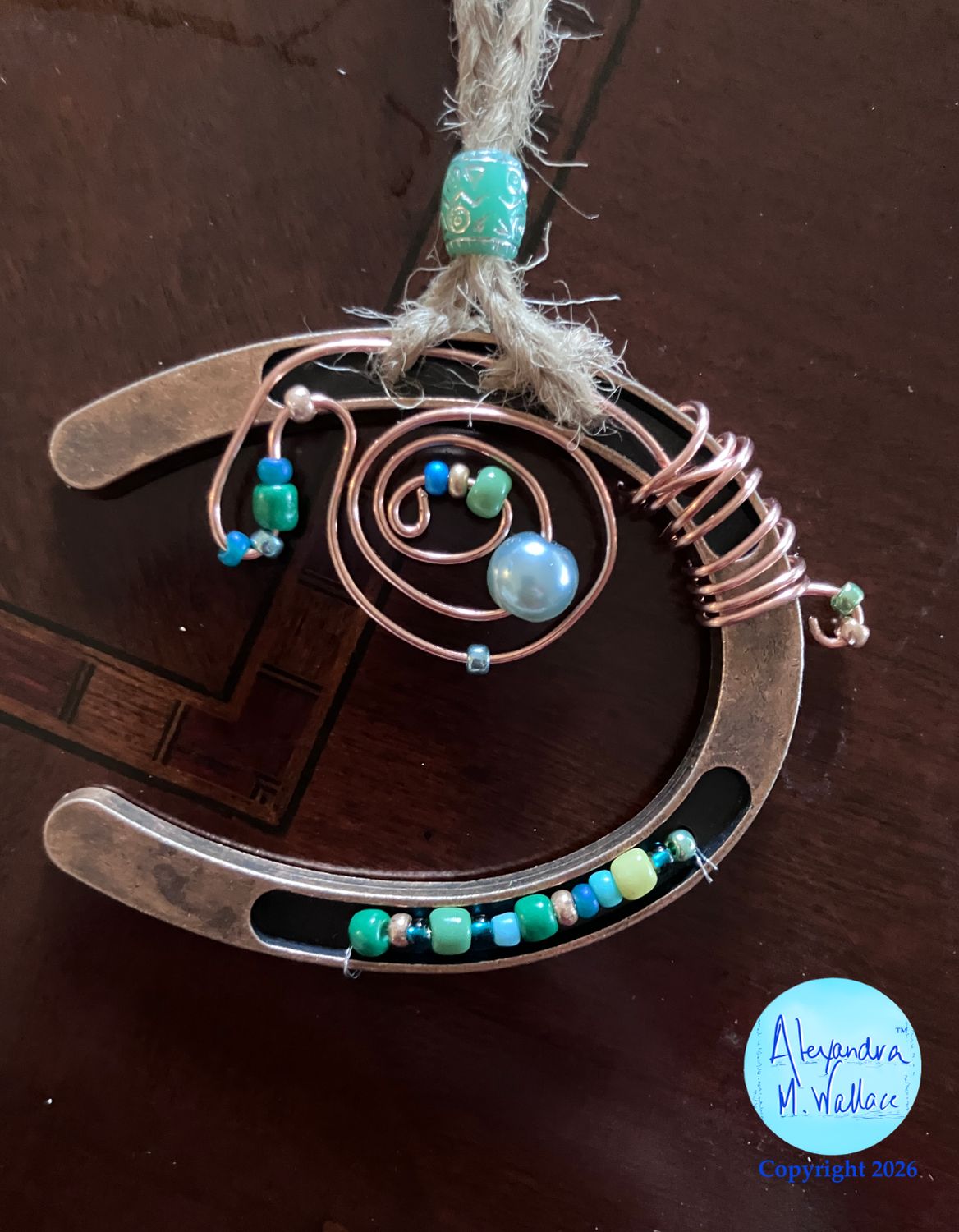 Mini Horseshoe Blue Bead Swirl Copper