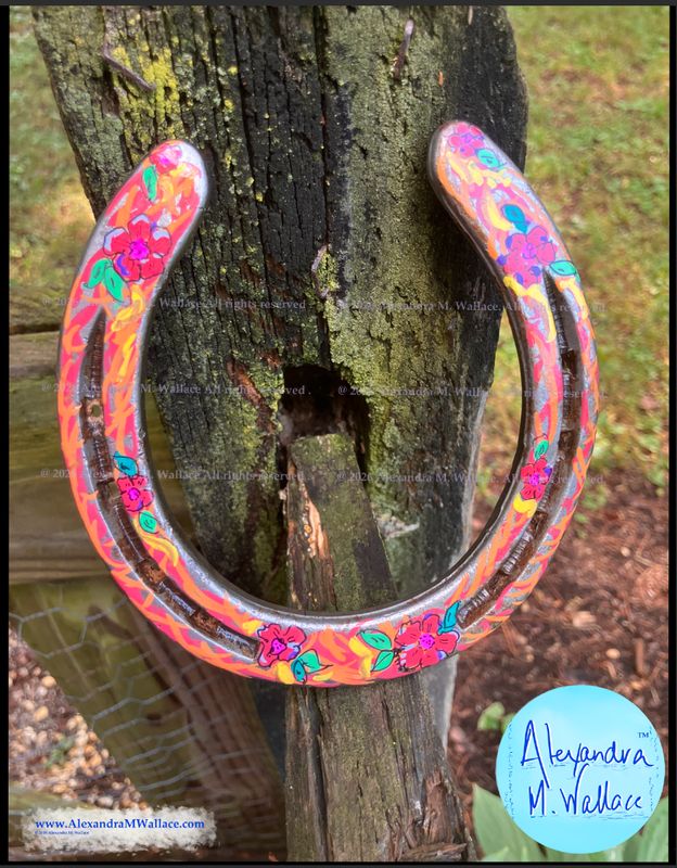Flowers with orange pink copper-themed hand-painted horseshoes from Libby's friends (free shipping)